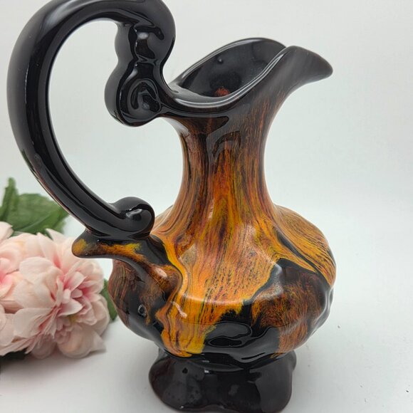 VTG Canadian Pottery Evangeline Pitcher Jug Drip Glaze Orange Brown Black MCM - Picture 4 of 13